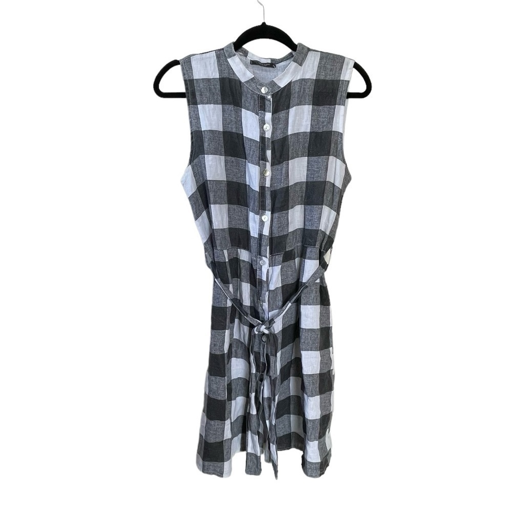 LUNGO L’ARNO Italy Linen Sleeveless Button Front Midi Dress Belt Black White S